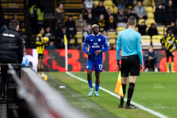 030224 - Watford v Cardiff City - Sky Bet League Championship - Jamilu Collins of Cardiff City leaves the pitch as he is being replaced by Nathaniel Phillips of Cardiff City