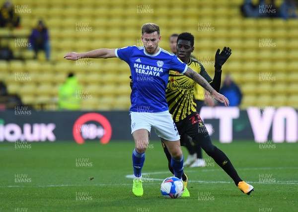 051220 - Watford v Cardiff City - Sky Bet Championship - Joe Ralls of Cardiff City holds off the challenge from Ismaila Sarr of Watford