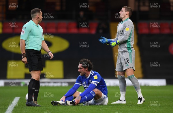 051220 - Watford v Cardiff City - Sky Bet Championship - Sean Morrison of Cardiff City and Alex Smithies injured in a collision