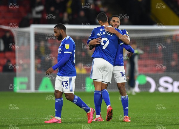 051220 - Watford v Cardiff City - Sky Bet Championship - Curtis Nelson of Cardiff City with Robert Glatzel at the final whistle