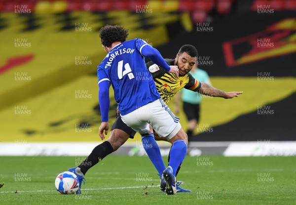 051220 - Watford v Cardiff City - Sky Bet Championship - Sean Morrison of Cardiff City battles with Troy Deeney of Watford