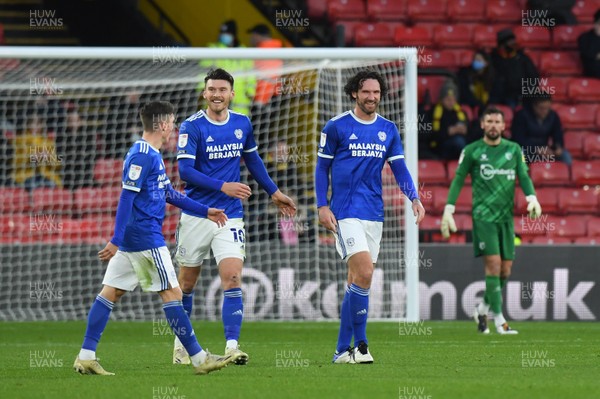 051220 - Watford v Cardiff City - Sky Bet Championship - Kieffer Moore of Cardiff City celebrates scoring the opening goal with Sean Morrison