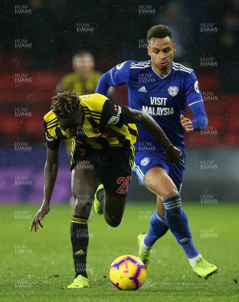 151218 - Watford v Cardiff City, Premier League -  Josh Murphy of Cardiff City challenges Domingos Quina of Watford