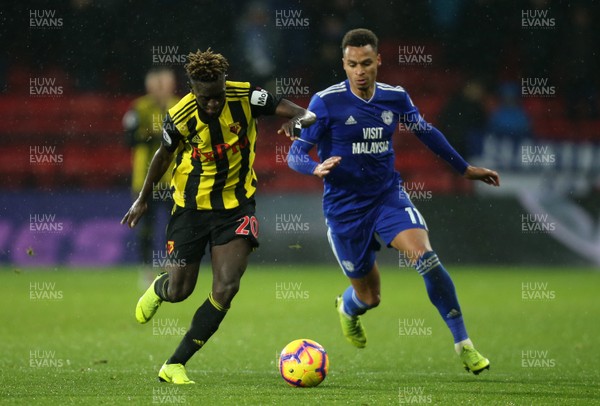 151218 - Watford v Cardiff City, Premier League -  Josh Murphy of Cardiff City challenges Domingos Quina of Watford