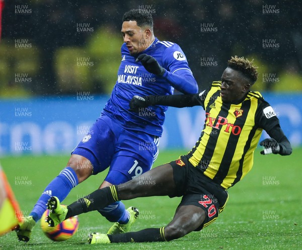 151218 - Watford v Cardiff City, Premier League - Nathaniel Mendez Laing of Cardiff City is tackled by Domingos Quina of Watford