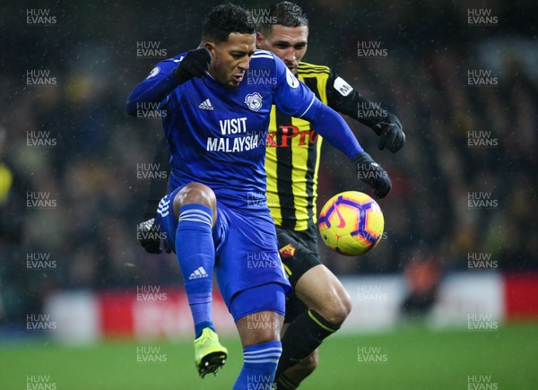 151218 - Watford v Cardiff City, Premier League - Nathaniel Mendez Laing of Cardiff City and Jose Holebas of Watford compete for the ball