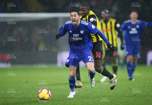 151218 - Watford v Cardiff City, Premier League - Victor Camarasa of Cardiff City is tackled by Abdoulaye Doucoure of Watford