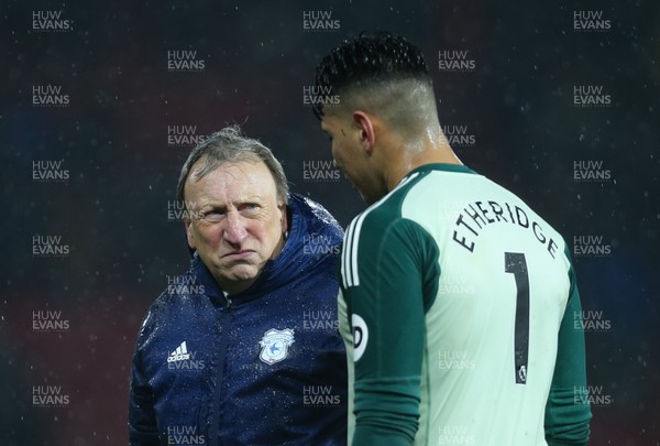 151218 - Watford v Cardiff City, Premier League - Cardiff City manager Neil Warnock with Cardiff City goalkeeper Neil Etheridge at the end of the match
