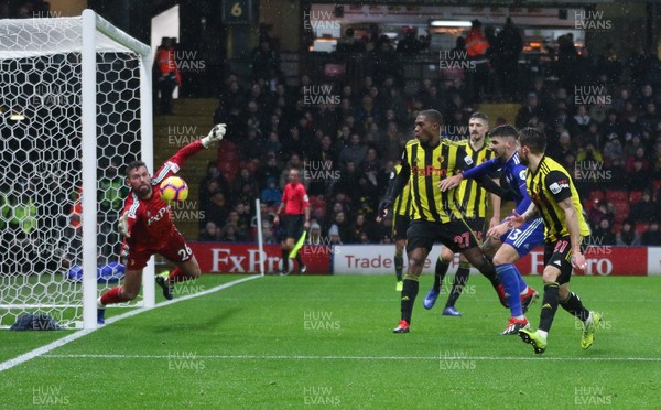 151218 - Watford v Cardiff City, Premier League - Watford goalkeeper Ben Foster keeps the ball out of the net as Callum Paterson of Cardiff City looks on