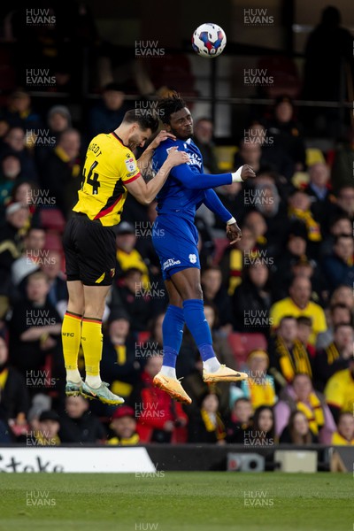 190423 - Watford v Cardiff City - Sky Bet League Championship - Sory Kaba of Cardiff City and Wesley Hoedt of Watford battle for the ball