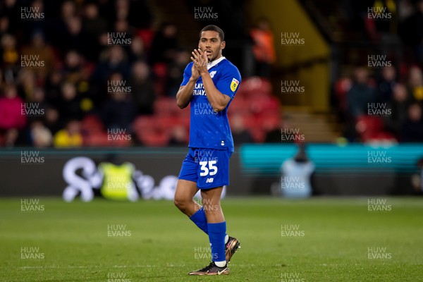 190423 - Watford v Cardiff City - Sky Bet League Championship - Andy Rinomhota of Cardiff City gestures