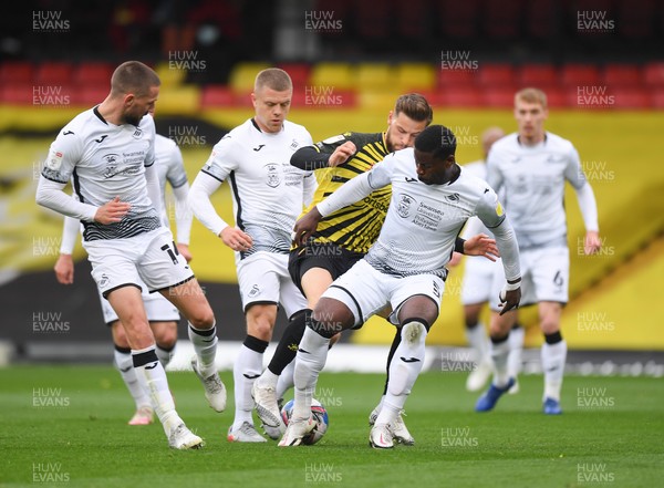 080521 - Watford v Swansea City - Sky Bet Championship - Marc Guehi of Swansea City battles for possession with Philip Zinckernagel of Watford