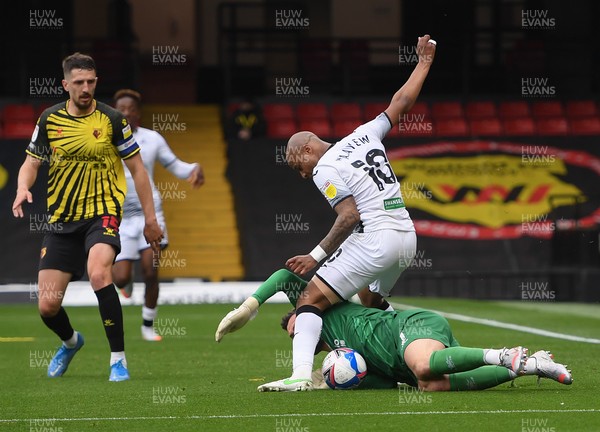 080521 - Watford v Swansea City - Sky Bet Championship - Andre Ayew of Swansea City denied by Ben Foster of Watford
