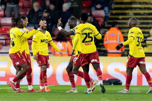 120325 - Watford v Swansea City - Sky Bet League Championship - Moussa Sissoko of Watford celebrates with his teammates after scoring a goal