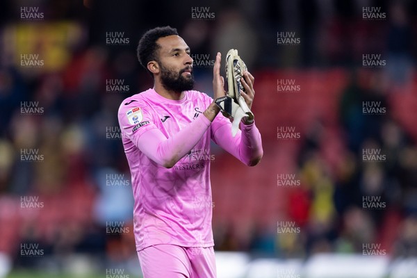 120325 - Watford v Swansea City - Sky Bet League Championship - Lawrence Vigouroux of Swansea City applauds the fans after their sides defeat