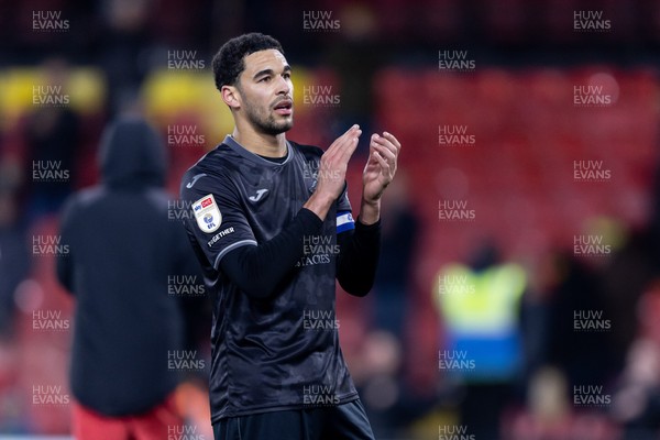 120325 - Watford v Swansea City - Sky Bet League Championship - Ben Cabango of Swansea City applauds the fans after their sides defeat