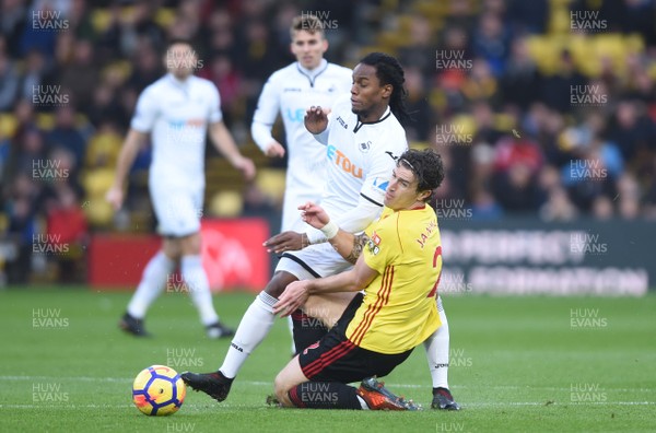 301217 - Watford v Swansea City - Premier League - Renato Sanches of Swansea City is tackled by Daryl Janmaat of Watford
