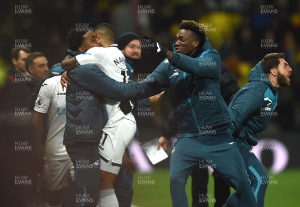 301217 - Watford v Swansea City - Premier League - Luciano Narsingh of Swansea City celebrates scoring the winner with team mates