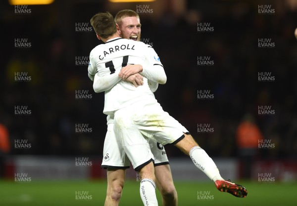 301217 - Watford v Swansea City - Premier League - Oliver McBurnie and Tom Carroll of Swansea City celebrates at the final whistle