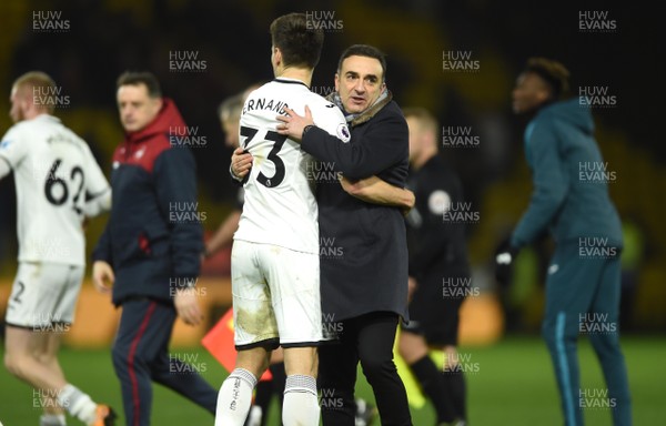 301217 - Watford v Swansea City - Premier League - Federico Fernandez and Swansea City manager Carlos Carvalhal celebrates at the final whistle