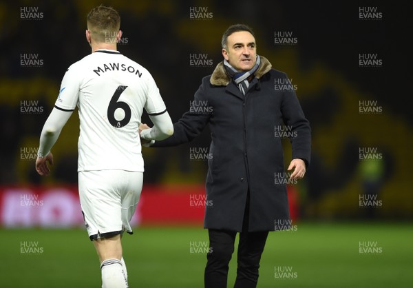 301217 - Watford v Swansea City - Premier League - Alfie Mawson and Swansea City manager Carlos Carvalhal celebrates at the final whistle