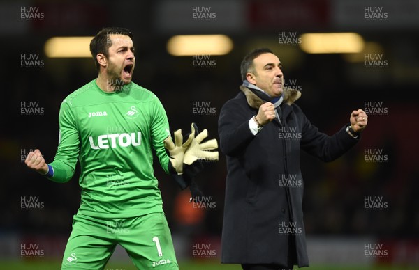 301217 - Watford v Swansea City - Premier League - Lukasz Fabianski and Swansea City manager Carlos Carvalhal celebrates at the final whistle