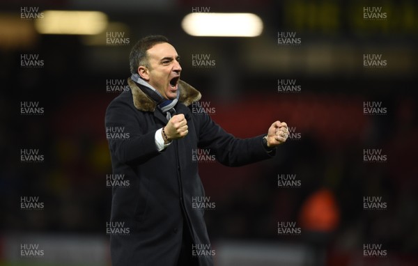 301217 - Watford v Swansea City - Premier League - Swansea City manager Carlos Carvalhal celebrates at the final whistle
