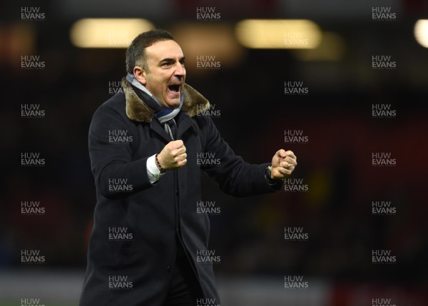 301217 - Watford v Swansea City - Premier League - Swansea City manager Carlos Carvalhal celebrates at the final whistle
