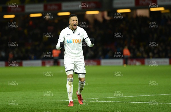 301217 - Watford v Swansea City - Premier League - Martin Olsson of Swansea City celebrates win