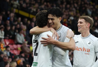 310126 - Watford v Swansea City, EFL Sky Bet Championship - Goalscorers Marko Stamenic of Swansea City, who scored the first and Josh Key of Swansea City celebrates after Key scores the second goal