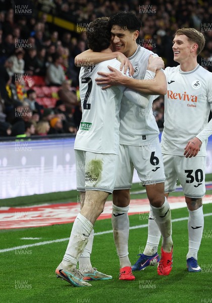 310126 - Watford v Swansea City, EFL Sky Bet Championship - Goalscorers Marko Stamenic of Swansea City, who scored the first and Josh Key of Swansea City celebrates after Key scores the second goal