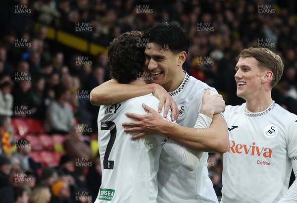 310126 - Watford v Swansea City, EFL Sky Bet Championship - Goalscorers Marko Stamenic of Swansea City, who scored the first and Josh Key of Swansea City celebrates after Key scores the second goal