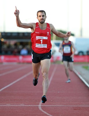 150714 - Welsh Athletics International held at the Cardiff International Sports Stadium - Chris Gowell of Wales runs in the first sub 4 minute mile in Wales in 25 years