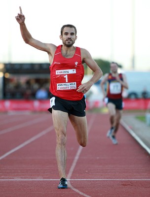 150714 - Welsh Athletics International held at the Cardiff International Sports Stadium - Chris Gowell of Wales runs in the first sub 4 minute mile in Wales in 25 years