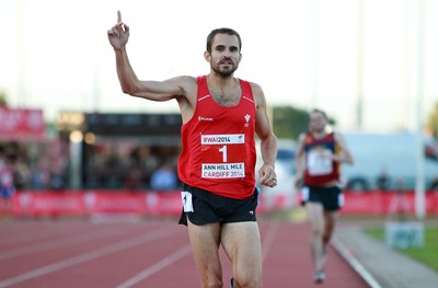 150714 - Welsh Athletics International held at the Cardiff International Sports Stadium - Chris Gowell of Wales runs in the first sub 4 minute mile in Wales in 25 years