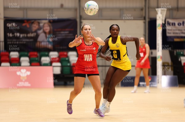100124 - Welsh Feathers v Uganda, International Netball Series - Bethan Dyke of Welsh Feathers passes the ball