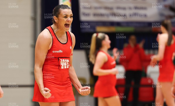 100124 - Welsh Feathers v Uganda, International Netball Series - Nia Jones of Welsh Feathers celebrates at the end of the match