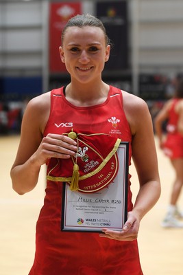 221125 - Welsh Feathers v Zimbabwe Gems - International Netball Match - Millie Carter of Wales gets her first cap