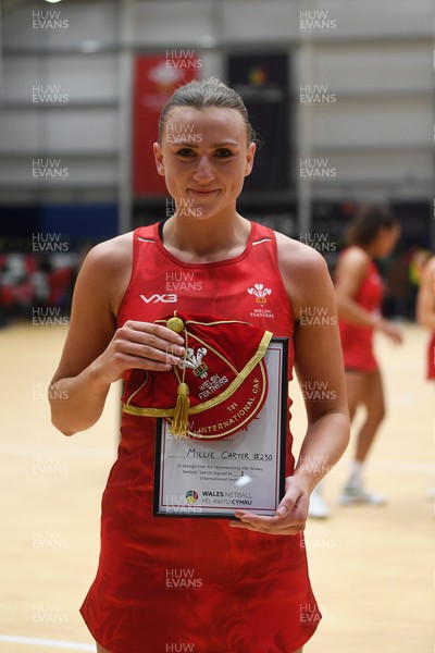 221125 - Welsh Feathers v Zimbabwe Gems - International Netball Match - Millie Carter of Wales gets her first cap