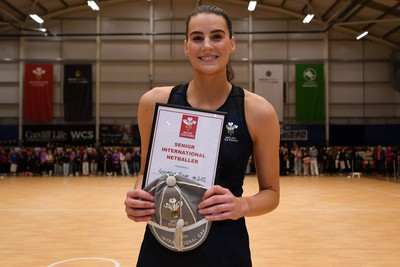 231125 - Welsh Feathers v Zimbabwe Gems - International Netball Match - Georgia Rowe of Wales on her 75th cap