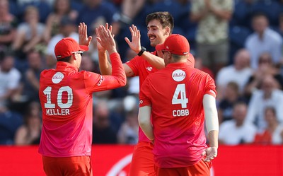 130822 - Welsh Fire Men v Birmingham Phoenix Men, The Hundred - George Scrimshaw of Welsh Fire celebrates after taking the wicket of Liam Livingstone of Birmingham Phoenix