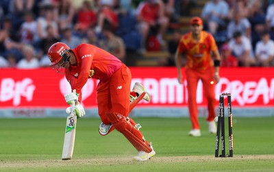 130822 - Welsh Fire Men v Birmingham Phoenix Men, The Hundred - Tom Banton of Welsh Fire is bowled by Kane Richardson