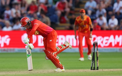 130822 - Welsh Fire Men v Birmingham Phoenix Men, The Hundred - Tom Banton of Welsh Fire is bowled by Kane Richardson