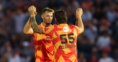 130822 - Welsh Fire Men v Birmingham Phoenix Men, The Hundred - Tom Helm of Birmingham Phoenix and Kane Richardson of Birmingham Phoenix celebrate the win