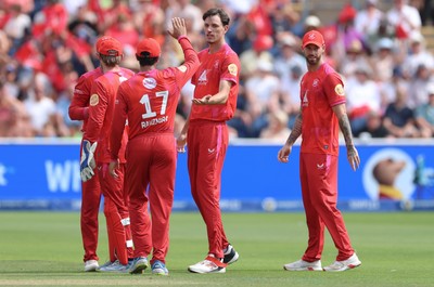 120826 - Welsh Fire Women v London Spirit Women, The Hundred - Marco Jansen of Welsh Fire celebrates after taking the wicket of Liam Livingstone of London Spirit