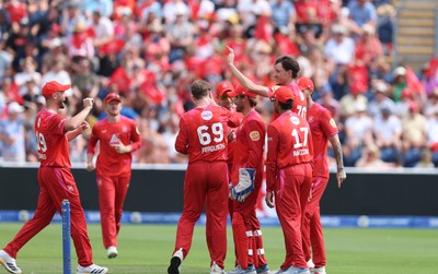 120826 - Welsh Fire Women v London Spirit Women, The Hundred - Marco Jansen of Welsh Fire celebrates after taking the wicket of Liam Livingstone of London Spirit
