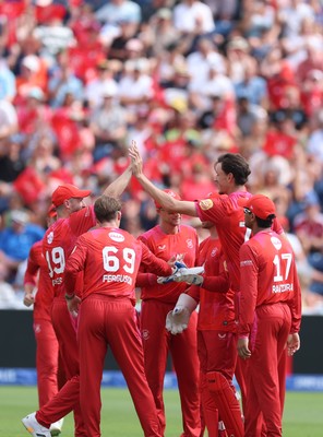 120826 - Welsh Fire Women v London Spirit Women, The Hundred - Marco Jansen of Welsh Fire celebrates after taking the wicket of Liam Livingstone of London Spirit