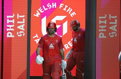120826 - Welsh Fire Women v London Spirit Women, The Hundred - Phil Salt of Welsh Fire and Matthew Short of Welsh Fire make their way out for the start of their innings