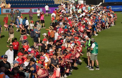 120826 - Welsh Fire v London Spirit, The Hundred - Fans wait for the Welsh Fire men to sign autographs and take photographs