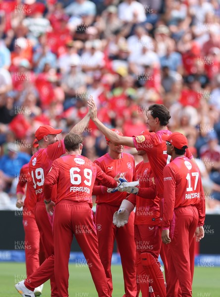 120826 - Welsh Fire Women v London Spirit Women, The Hundred - Marco Jansen of Welsh Fire celebrates after taking the wicket of Liam Livingstone of London Spirit